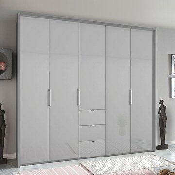Erimo wardrobe - 254cm - 5 door - 3 drawer - silk grey & silk grey glass
