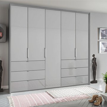 Erimo wardrobe - 254cm - 5 door - 6 drawer - silk grey & silk grey glass