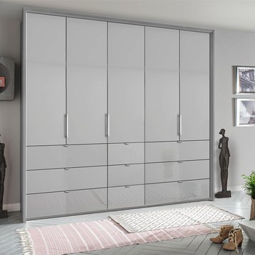 Erimo wardrobe - 254cm - 5 door - 9 drawer - silk grey & silk grey glass