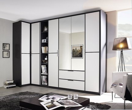 Essensa l shaped wardrobe - 314cm - 6 door - combi - white - metallic grey carcase
