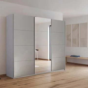 Kulmbach sliding mirror wardrobe - 203cm - 3 door - silk grey & grey high gloss