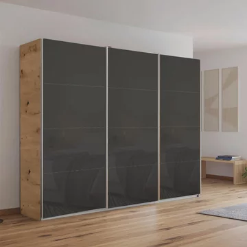 Kulmbach sliding wardrobe - 271cm - 3 door - artisan oak & basalt glass