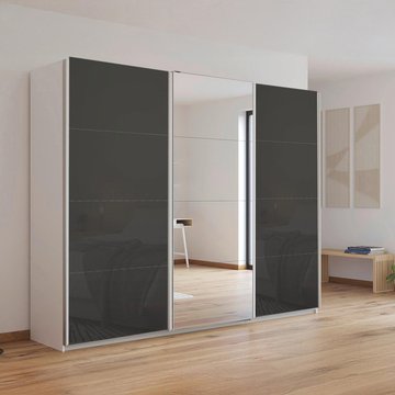 Kulmbach sliding mirror wardrobe - 271cm - 3 door - alpine white & basalt glass