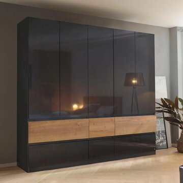 Winnipeg wardrobe - 226cm - 5 door - high gloss metallic dark grey & halifax oak