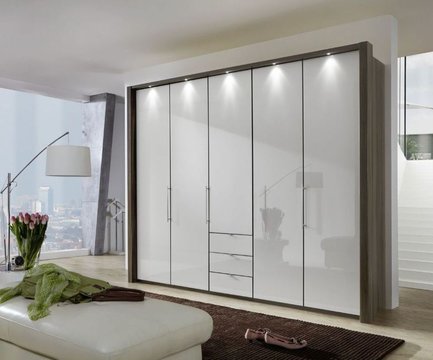 Loft wardrobe - 5 door bi fold - grey glass and oak carcase - 3 drawers