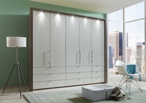 Loft wardrobe - 5 door bi fold - grey glass and oak carcase - 9 drawers