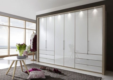 Loft wardrobe - 6 door bi fold - grey glass and oak carcase - 6 drawers
