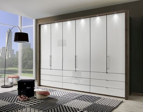 Loft wardrobe - 6 door bi fold - grey glass and oak carcase - 9 drawers