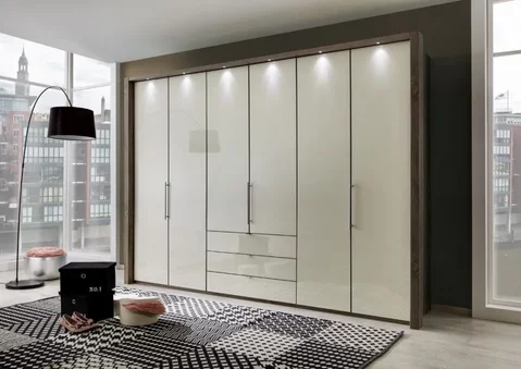 Loft wardrobe - 6 door bi fold - magnolia glass and oak carcase - 3 drawers