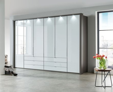 Loft wardrobe - 6 door bi fold - white glass and oak carcase - 6 drawers