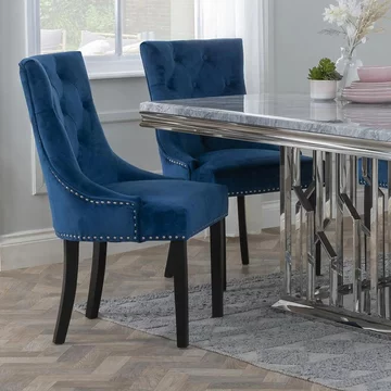 Clearance - knocker back dining chair - blue velvet fabric - black wooden legs