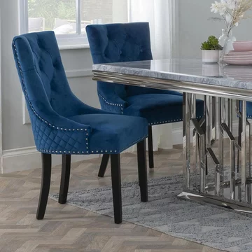 Clearance - lion knocker back dining chair - blue velvet fabric - black wooden legs