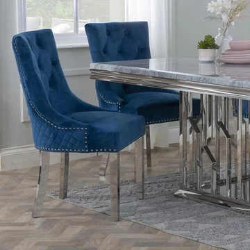 Clearance - lion knocker back dining chair - blue velvet fabric - chrome legs
