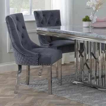 Lion knocker back dining chair - grey velvet fabric - chrome legs