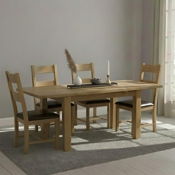 Original extending dining set - 4-8 seater - 131cm-198cm - rustic oak - 4 ladder back chair with dark brown faux leather seat pad