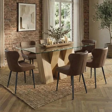 Newton dining set - 6 seater - 180cm - clear glass and natural - 6 langley brown faux leather chair