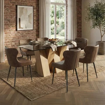 Newton dining set - 6 seater - 180cm - smoked glass and natural - 6 langley brown faux leather chair