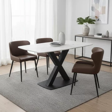 Vernal dining set - 4 seater - 130cm - white sintered stone - 4 langley brown faux leather chair