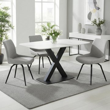 Vernal dining set - 4 seater - 130cm - white sintered stone - 4 malcom grey fabric swivel chair