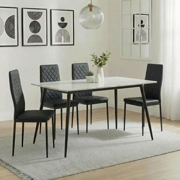 Breton compact dining set - 4 seater - 120cm - white ceramic - 4x metro dining chairs - black leather - black legs