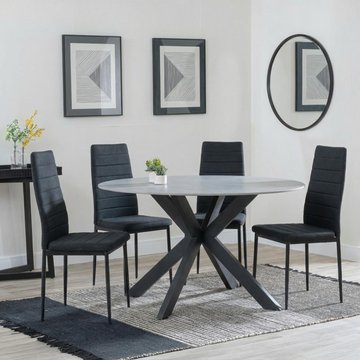 Novara dining set - 4 seater - 130cm - round - white ceramic - 4x lido dining chairs - black fabric - black legs