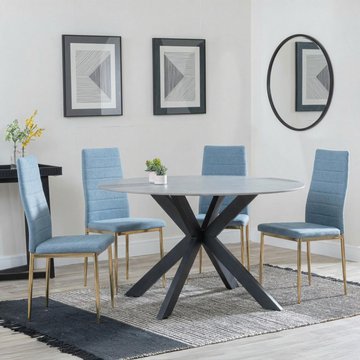 Novara dining set - 4 seater - 130cm - round - white ceramic - 4x lido dining chairs - blue fabric - gold legs