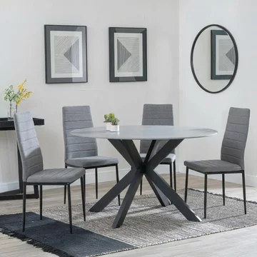 Novara dining set - 4 seater - 130cm - round - white ceramic - 4x lido dining chairs - dark grey fabric - black legs