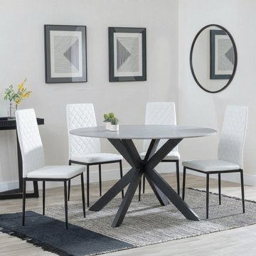 Novara dining set - 4 seater - 130cm - round - white ceramic - 4x metro dining chairs - white leather - black legs