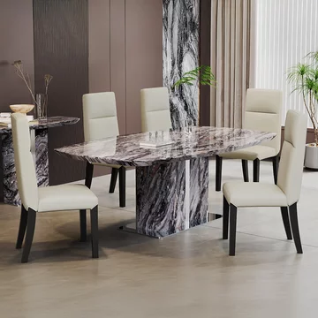 Saronno dining set - 8 seater - 180cm - grey marble - venezia dining chair - cream leather