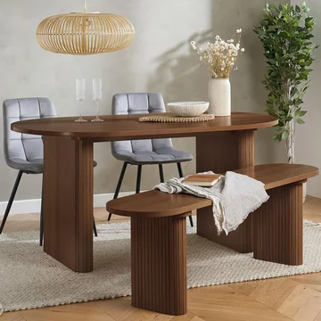 Axel oval dining set - 6 seater - 160cm - with 2 grey chairs and 1 bench - walnut fluted