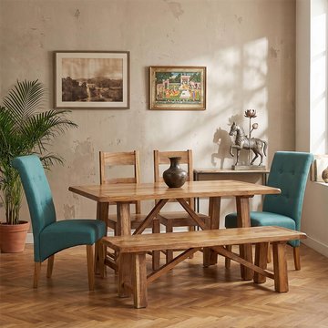 Odisha dining set - 6 seater - with 2 wooden and 2 fabric chairs and bench - solid mango wood