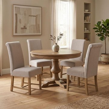 Chateau dining set - 120cm - 4 seater - round - pedestal base - natural - rustic pine - 4 fabric chairs