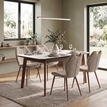 Turin extending dining set - 130cm-160cm - 4-6 seater - off-white and walnut - sintered stone top - 4 mocha chair