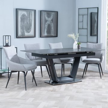 Alpha extending dining set - 6-8 seater - 140cm-180cm - black ceramic - ace swivel dining chair - grey fabric