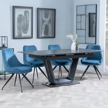 Alpha extending dining set - 6-8 seater - 140cm-180cm - black ceramic - arctic swivel dining chair - blue velvet fabric