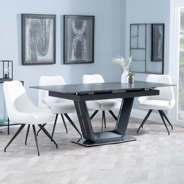 Alpha extending dining set - 6-8 seater - 140cm-180cm - black ceramic - arctic swivel dining chair - cream velvet fabric