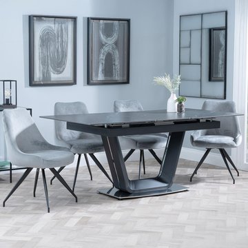 Alpha extending dining set - 6-8 seater - 140cm-180cm - black ceramic - arctic swivel dining chair - grey velvet fabric