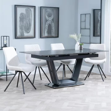 Alpha extending dining set - 6-8 seater - 140cm-180cm - black ceramic - boden swivel dining chair - cream fabric