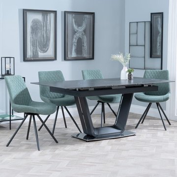 Alpha extending dining set - 6-8 seater - 140cm-180cm - black ceramic - boden swivel dining chair - green fabric