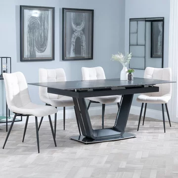 Alpha extending dining set - 6-8 seater - 140cm-180cm - black ceramic - corona dining chair - beige fabric