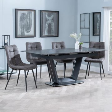 Alpha extending dining set - 6-8 seater - 140cm-180cm - black ceramic - corona dining chair - grey fabric