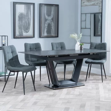 Alpha extending dining set - 6-8 seater - 140cm-180cm - black ceramic - corona dining chair - light grey fabric