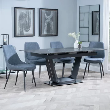 Alpha extending dining set - 6-8 seater - 140cm-180cm - black ceramic - darwin dining chair - dark grey fabric