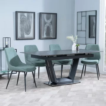 Alpha extending dining set - 6-8 seater - 140cm-180cm - black ceramic - darwin dining chair - green fabric