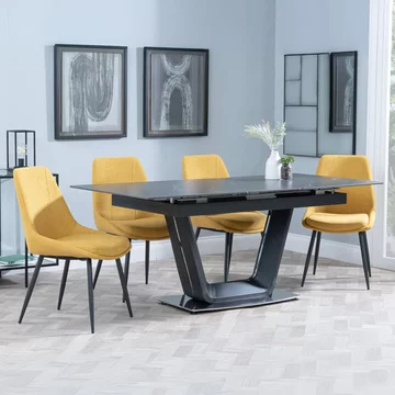Alpha extending dining set - 6-8 seater - 140cm-180cm - black ceramic - darwin dining chair - yellow fabric