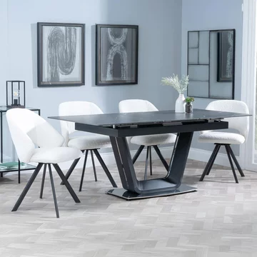 Alpha extending dining set - 6-8 seater - 140cm-180cm - black ceramic - ion swivel dining chair - cream boucle fabric