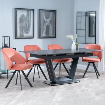 Alpha extending dining set - 6-8 seater - 140cm-180cm - black ceramic - ion swivel dining chair - orange velvet fabric