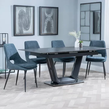 Alpha extending dining set - 6-8 seater - 140cm-180cm - black ceramic - peyton dining chair - blue fabric