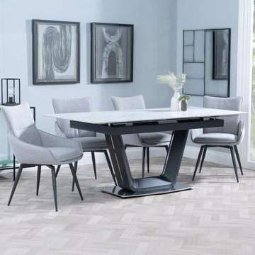 Alpha extending dining set - 6-8 seater - 140cm-180cm - white ceramic - ace swivel dining chair - grey fabric