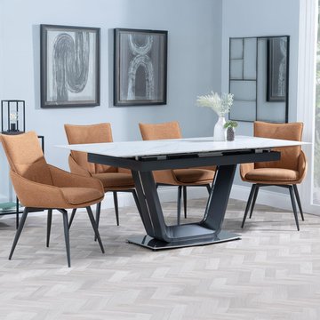 Alpha extending dining set - 6-8 seater - 140cm-180cm - white ceramic - ace swivel dining chair - orange fabric